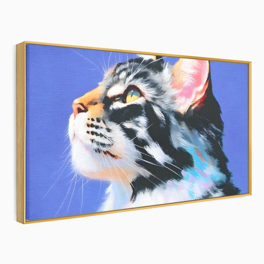 Tablou canvas cu pictura cu profil de pisica, in rama de aluminiu auriu